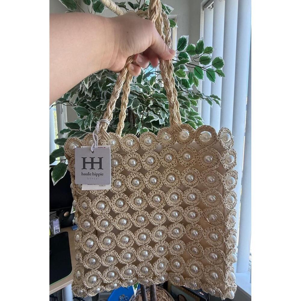 NWT Viral Haute Hippie Handwoven Raffia Crochet Pearl Bag - Picture 1 of 4